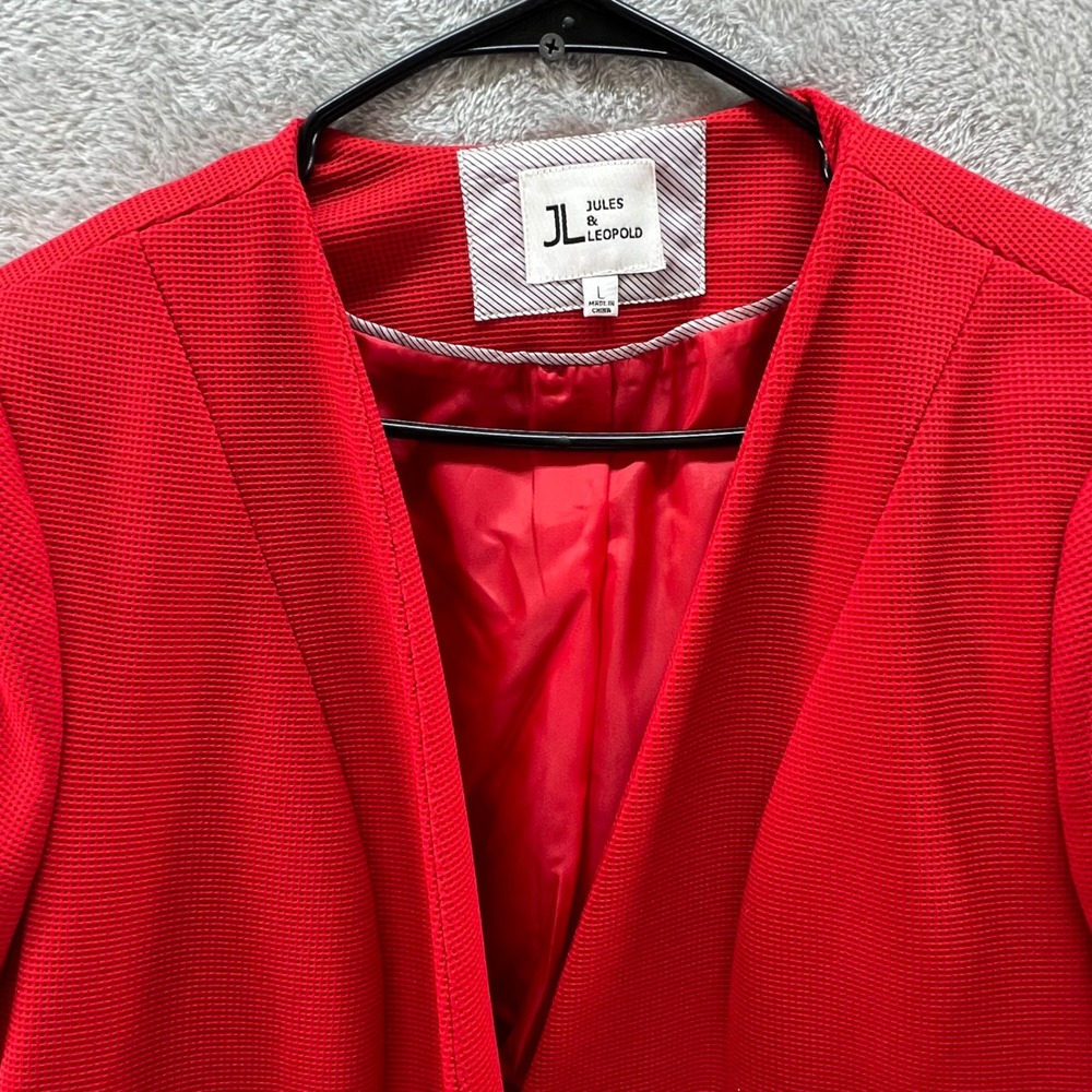 Jules & Leopold L Red Textured Open Front Blazer‎ Jacket Zip Pockets Moto Style